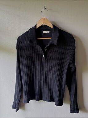 Madewell Womens S Black Variegated Rib Boxy Polo Shirt Long Sleeve Ribbed